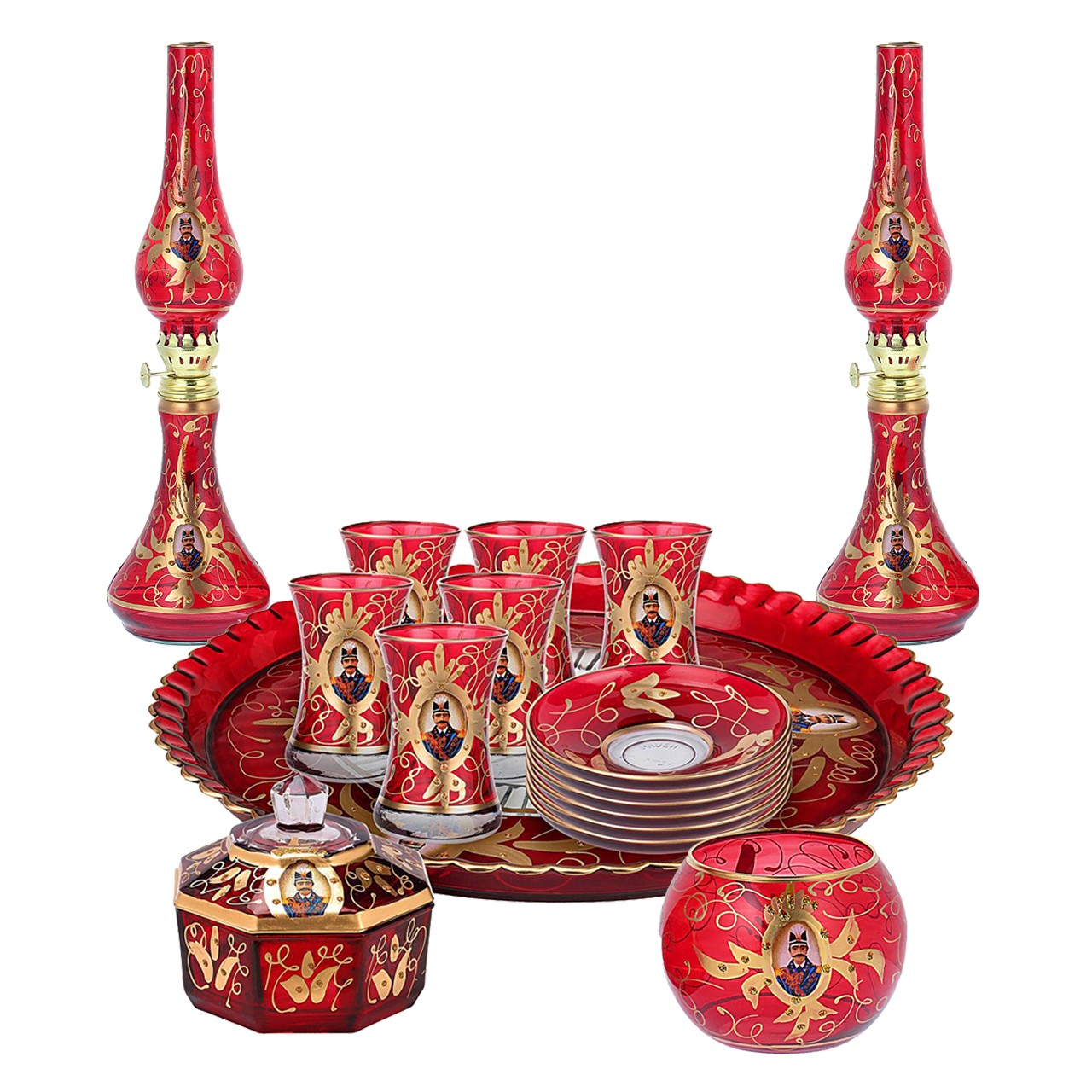 سرویس چایی خوری شاه عباسی 17 پارچه قرمز طلایی