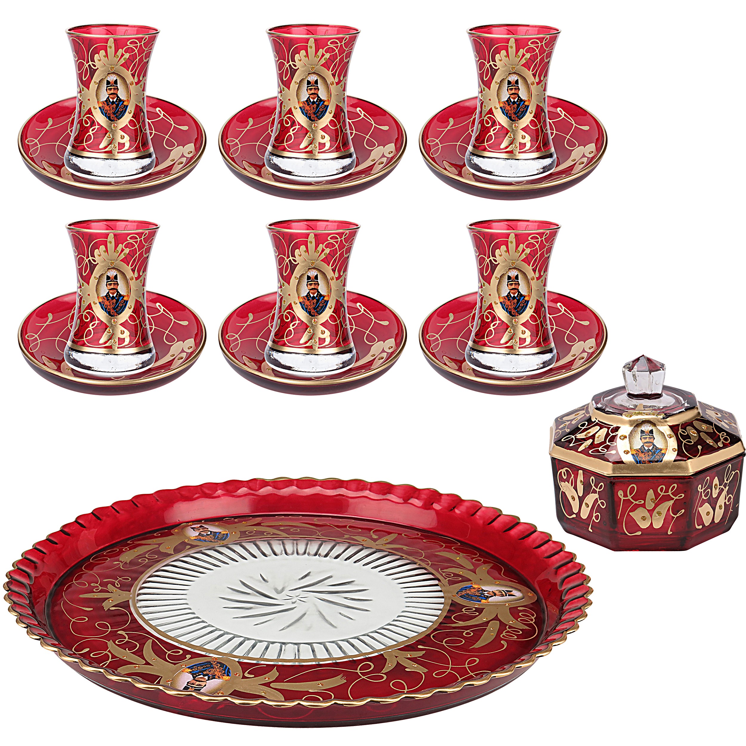سرویس چایی خوری شاه عباسی 17 پارچه قرمز طلایی