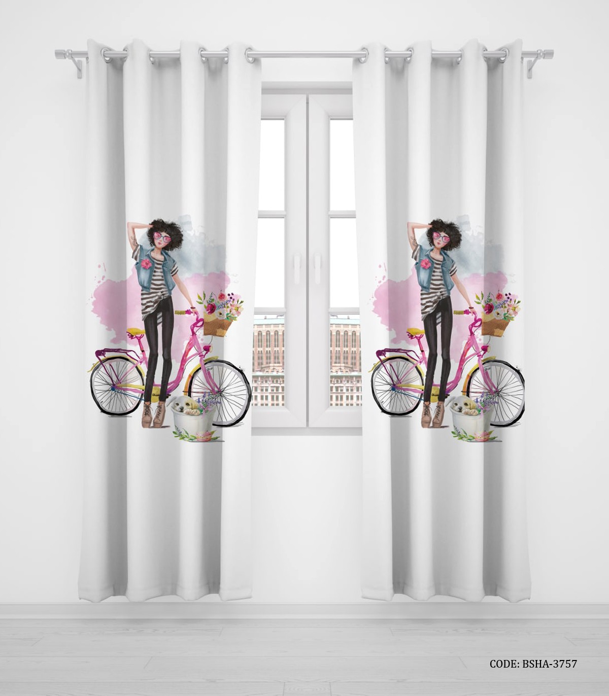 پرده پانچی دو تکه اتاق دخترانه طرح دختر مدل Fashion Girl