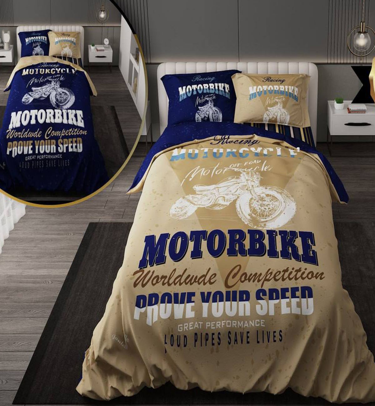 سرویس روتختی نوجوان پسرانه با لحاف دورویه طرحدار طرح موتورسیکلت