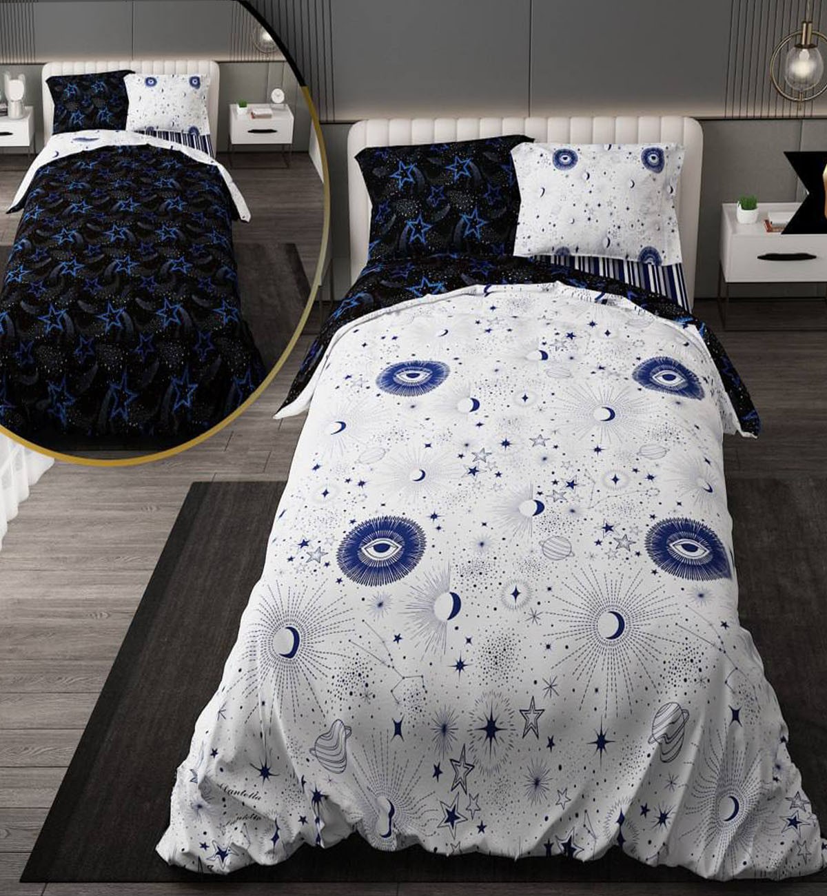 سرویس روتختی نوجوان پسرانه و دخترانه با لحاف دو رویه طرحدار طرح ماه وستاره