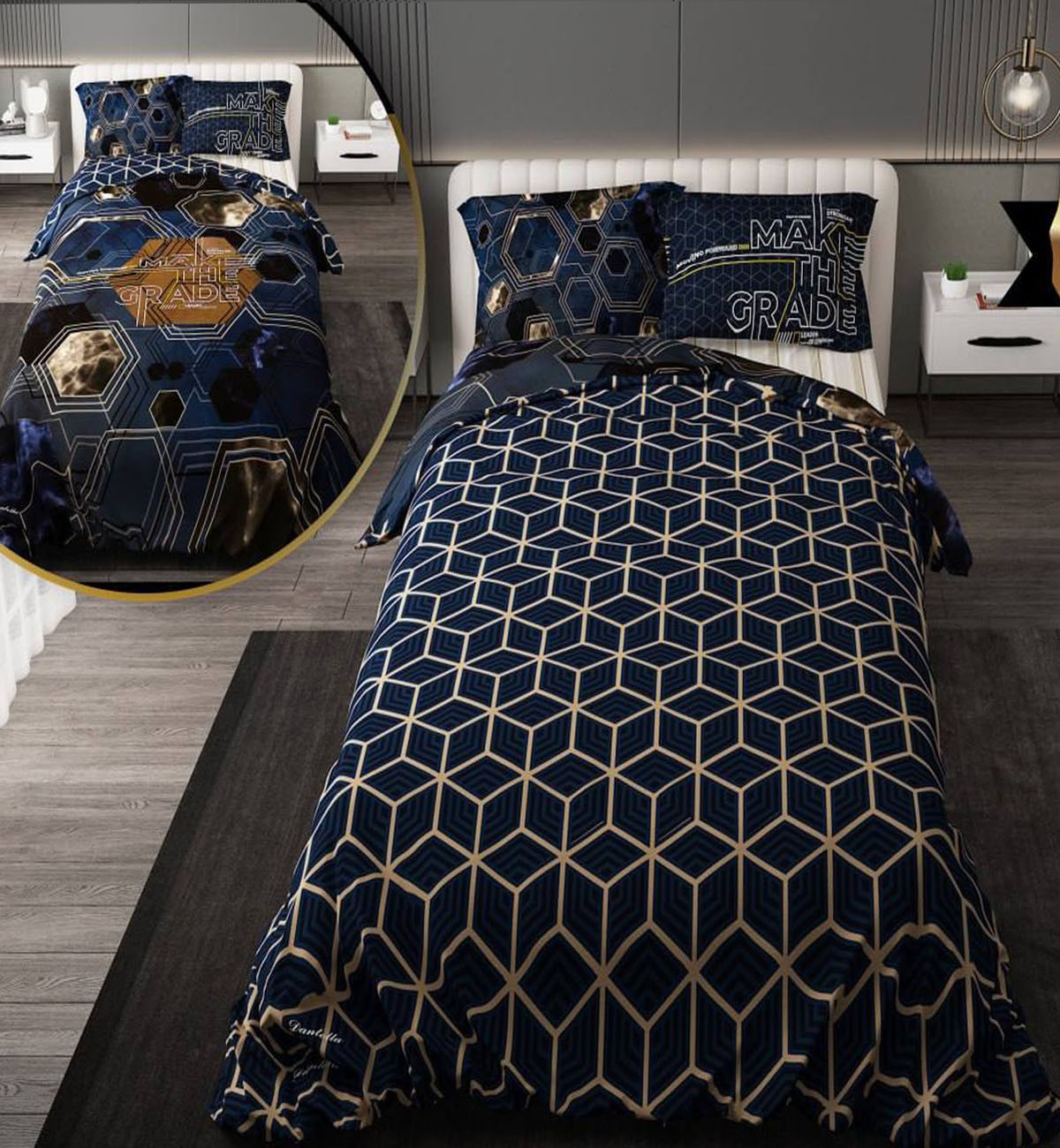 سرویس روتختی نوجوان پسرانه با لحاف دو رویه طرحدار طرح شش ضلعی