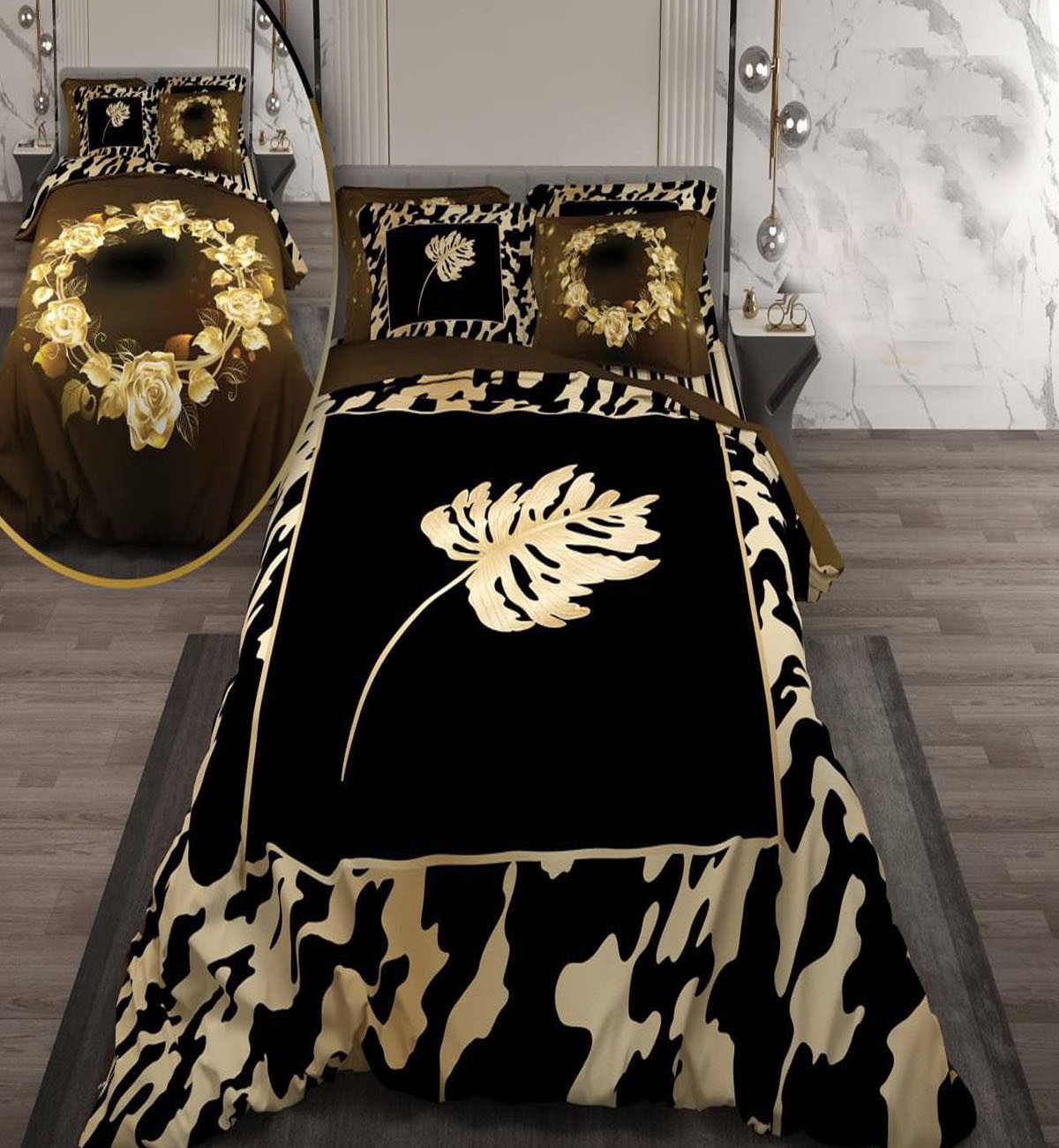 سرویس لحاف روتختی دو نفره دورویه طرحدار طرح گل طلایی