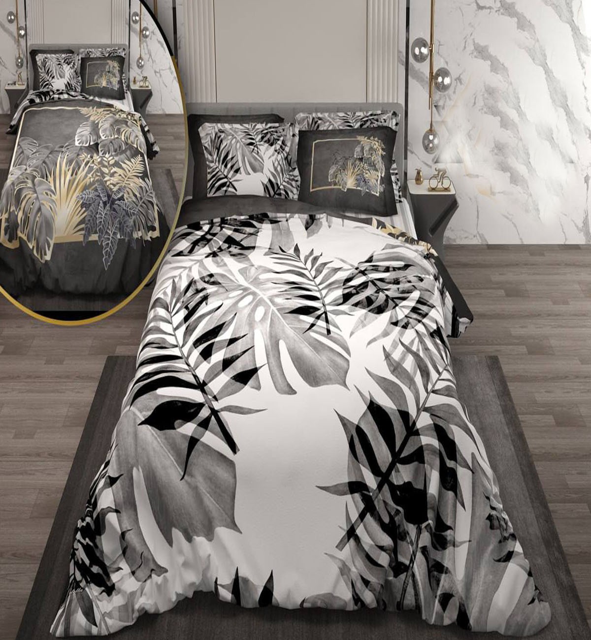 سرویس لحاف روتختی دو نفره دورویه طرحدار طرح برگ استوایی