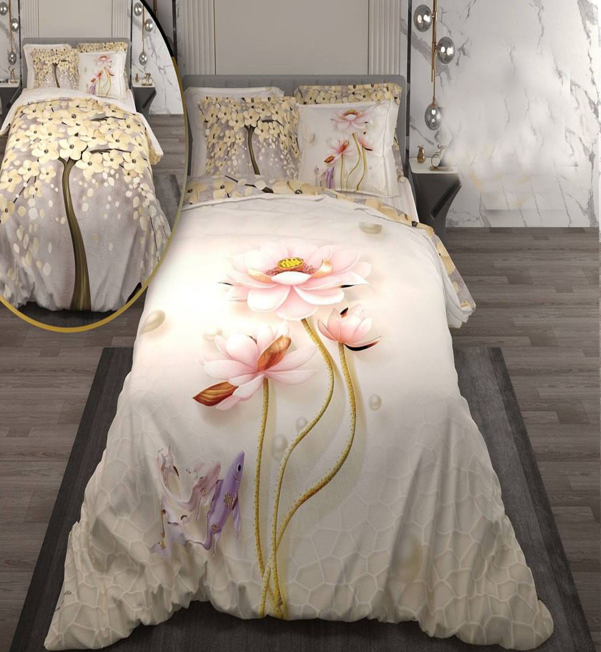 سرویس لحاف روتختی دو نفره دورویه طرحدار طرح نیلوفرآبی