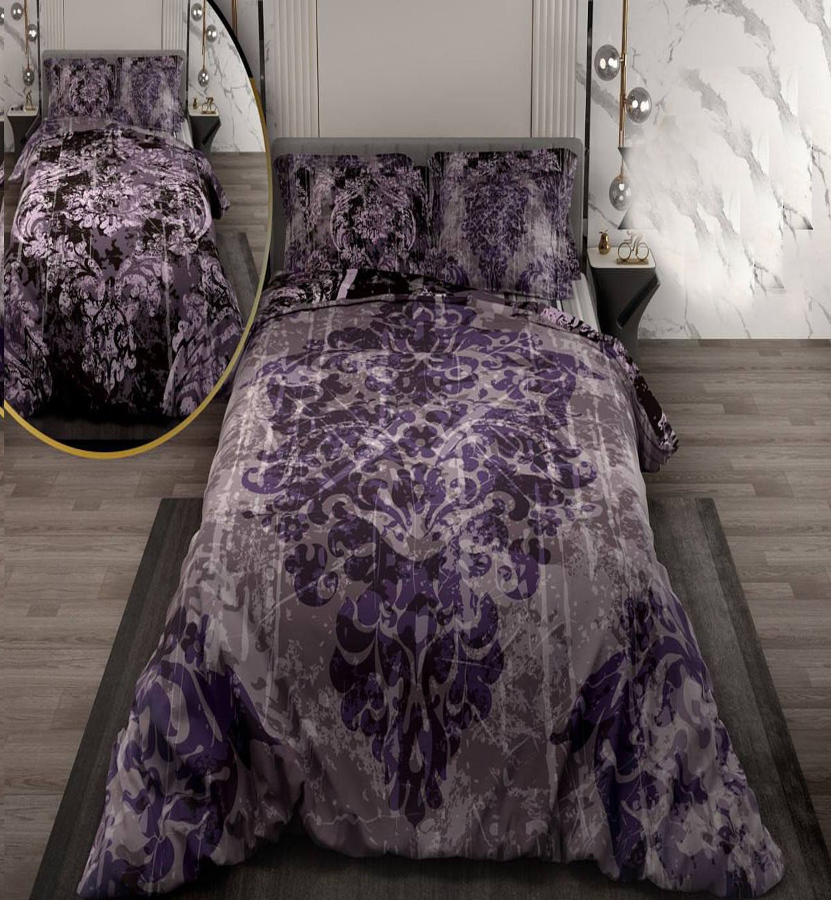 سرویس لحاف روتختی دو نفره دورویه طرحدار طرح پتینه بنفش