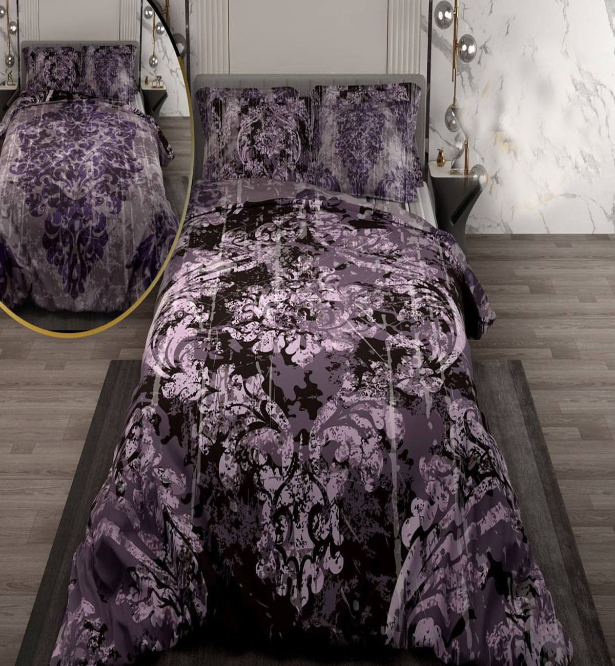 سرویس لحاف روتختی دو نفره دورویه طرحدار طرح پتینه بنفش