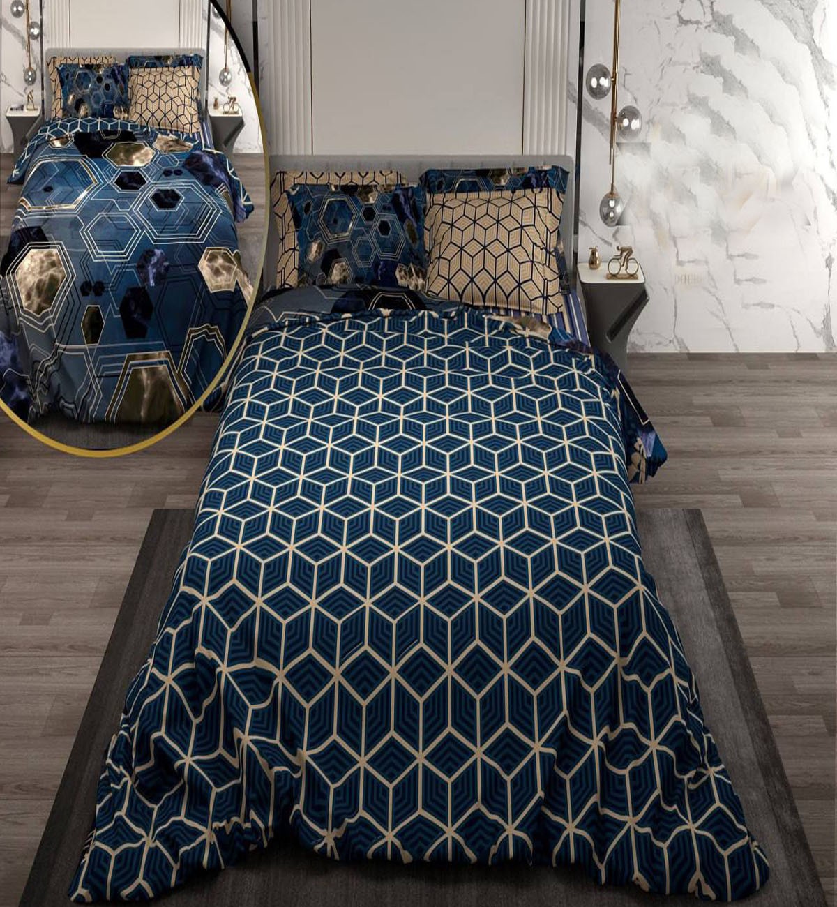 سرویس لحاف روتختی دو نفره دورویه طرحدار طرح شش ضلعی