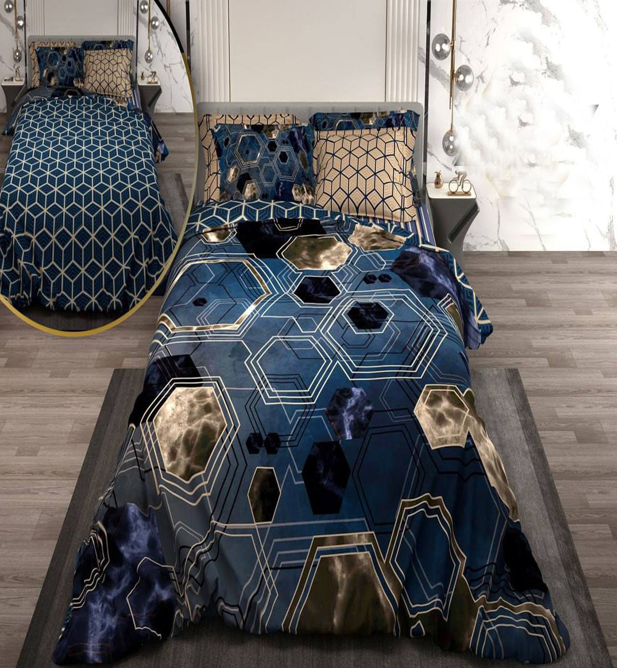 سرویس لحاف روتختی دو نفره دورویه طرحدار طرح شش ضلعی