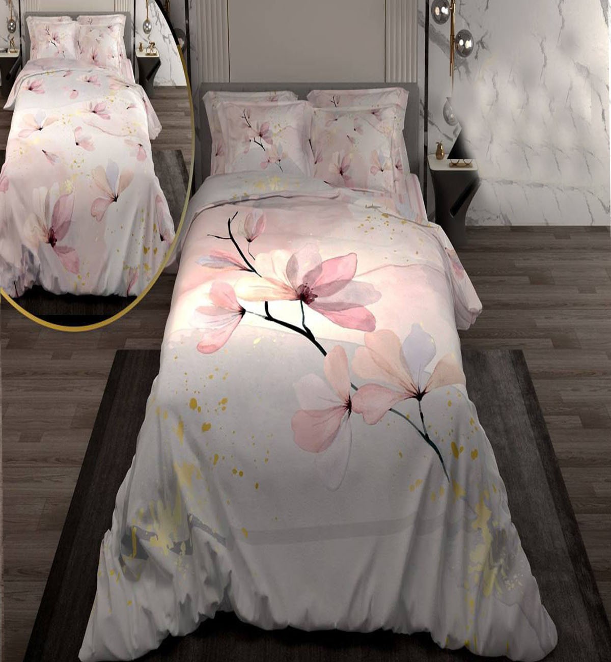 سرویس لحاف روتختی دو نفره دورویه طرحدار طرح گل صورتی