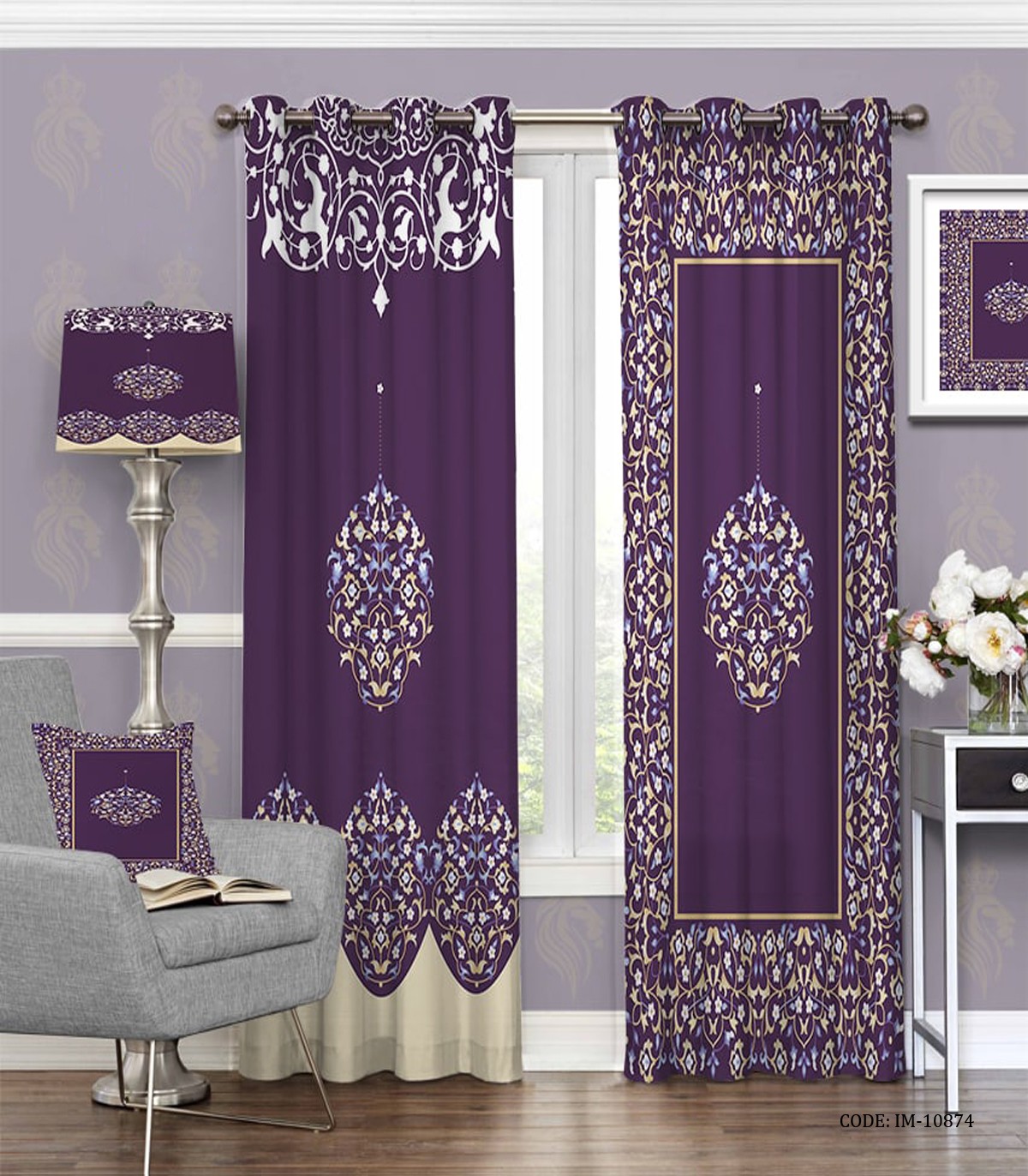 پرده پانچی طرح اسلیمی زمینه بنفش طرح ماندانا