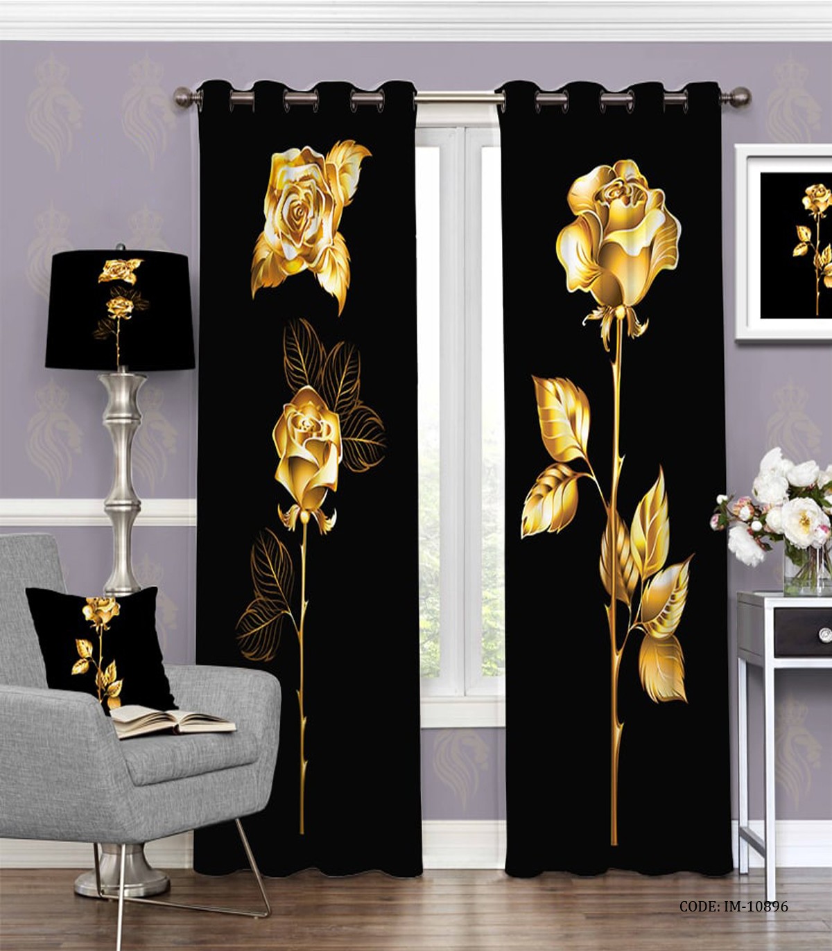 پرده پانچی مشکی طلایی اتاق پذیرایی طرح فلورا