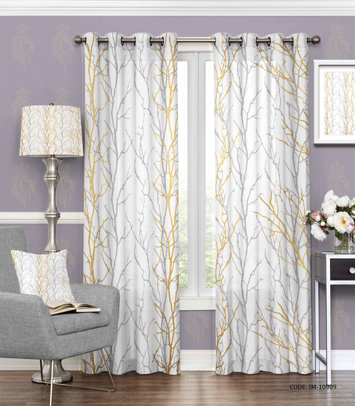 پرده پانچی اتاق خواب و پذیرایی سفید طلایی طرح رستا