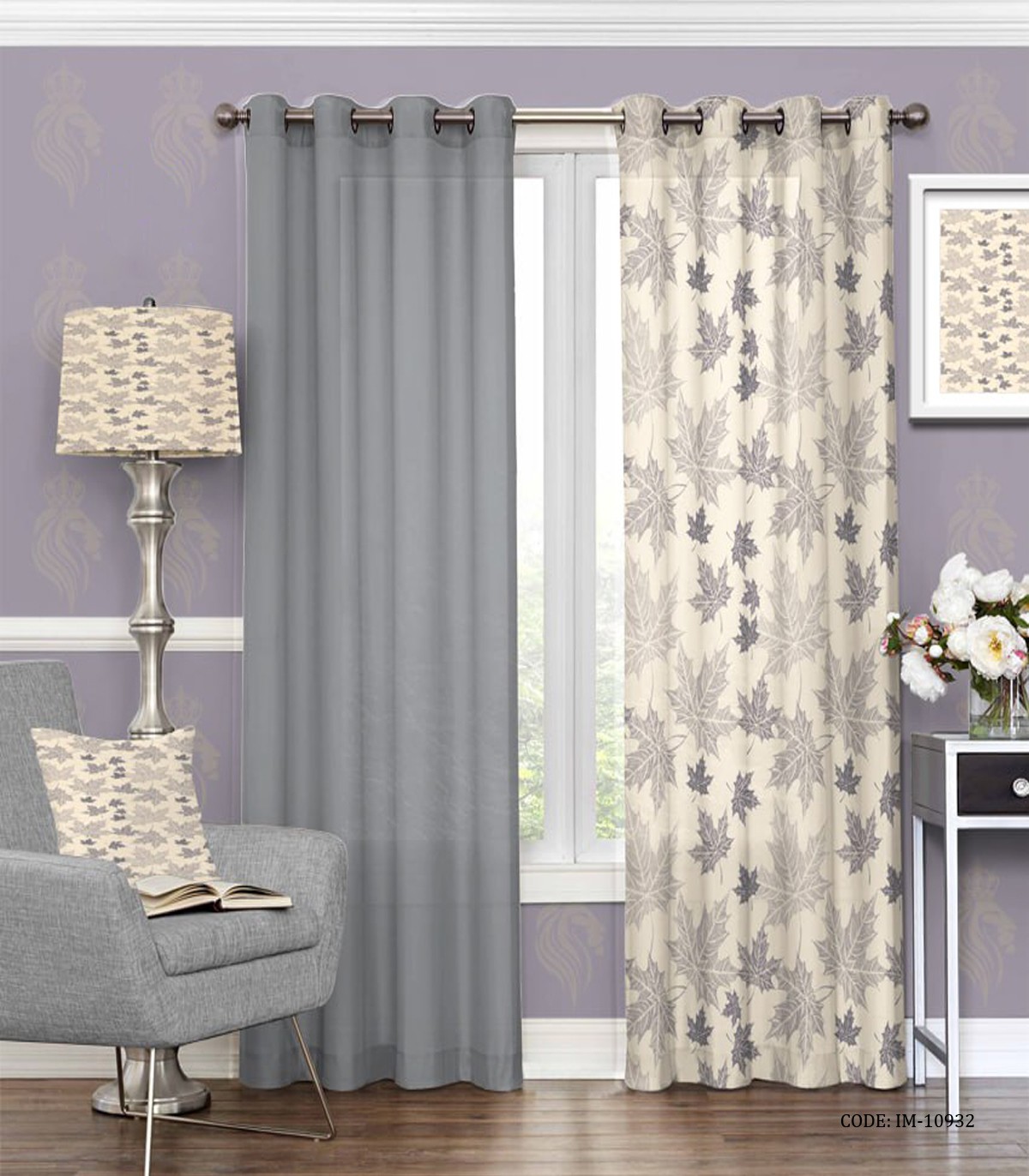 پرده پانچی طوسی اتاق خواب و پذیرایی طرح برگ چنار