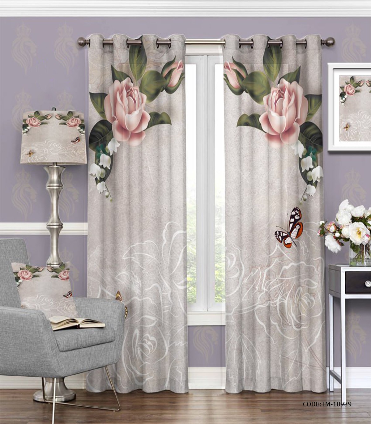 پرده پانچی طرح گل و پروانه مدل همتا