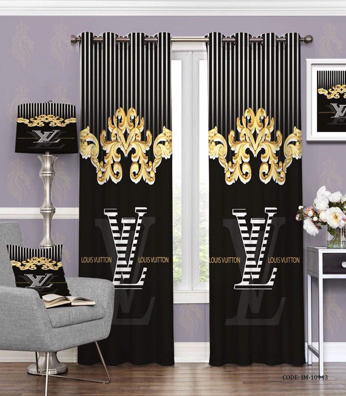 پرده پانچی مشکی طلایی طرح فانتزی اسپرت لویی ویتون