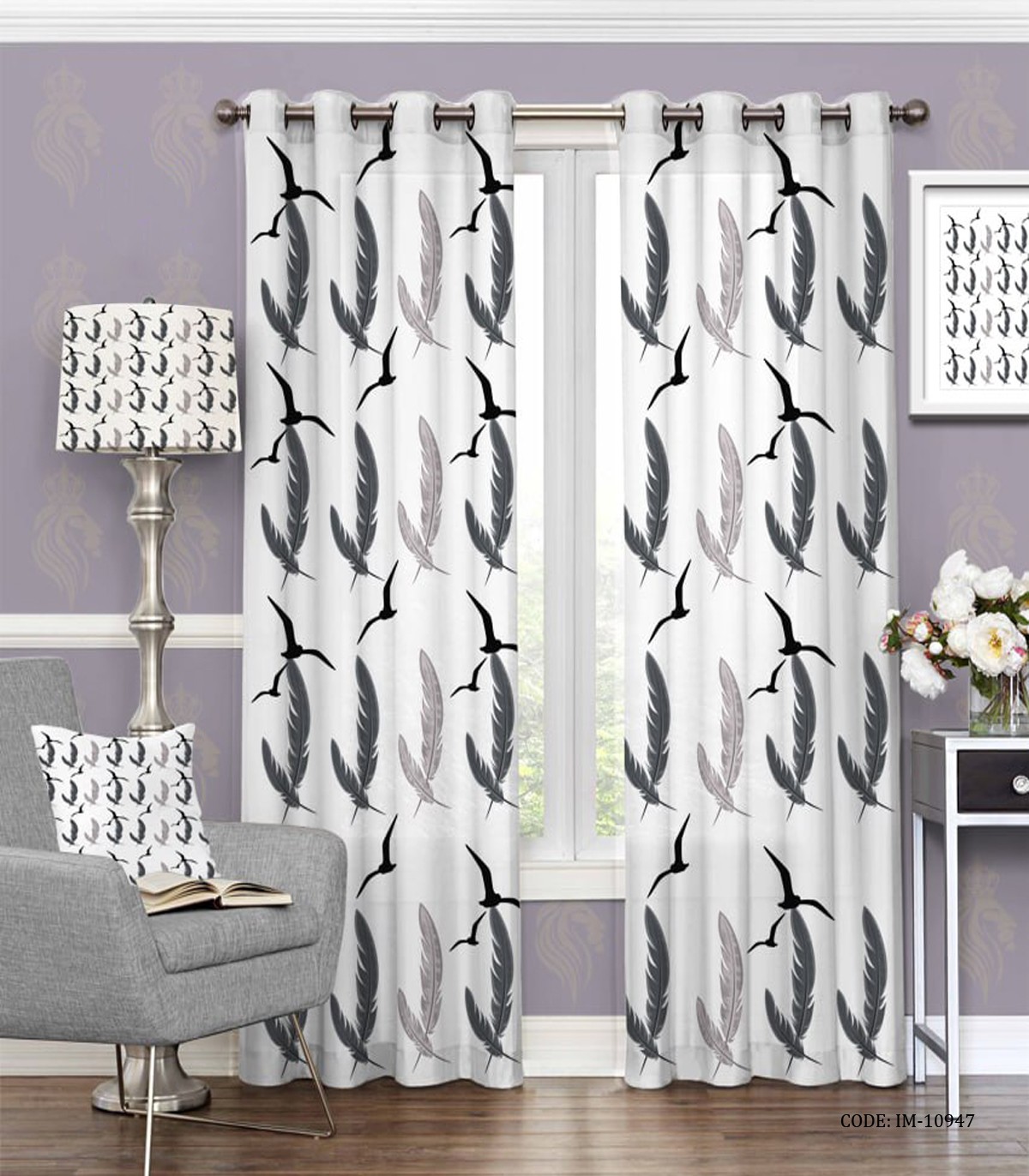 پرده پانچی سفید مشکی طرح پر مدل پرستو