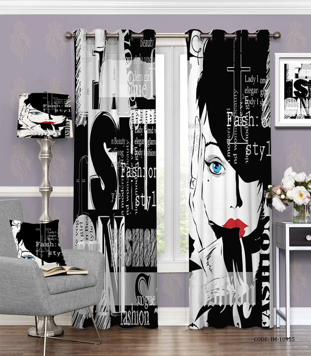 پرده پانچی سفید مشکی آرایشگاهی طرح لنا