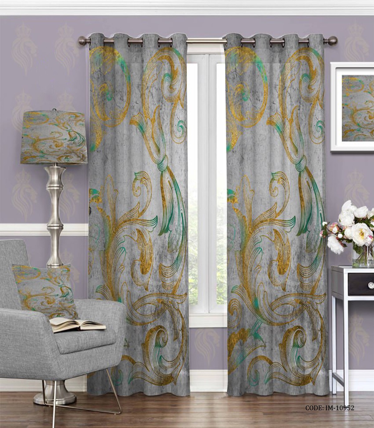 پرده پانچی طوسی طلایی اتاق پذیرایی طرح ریحانه