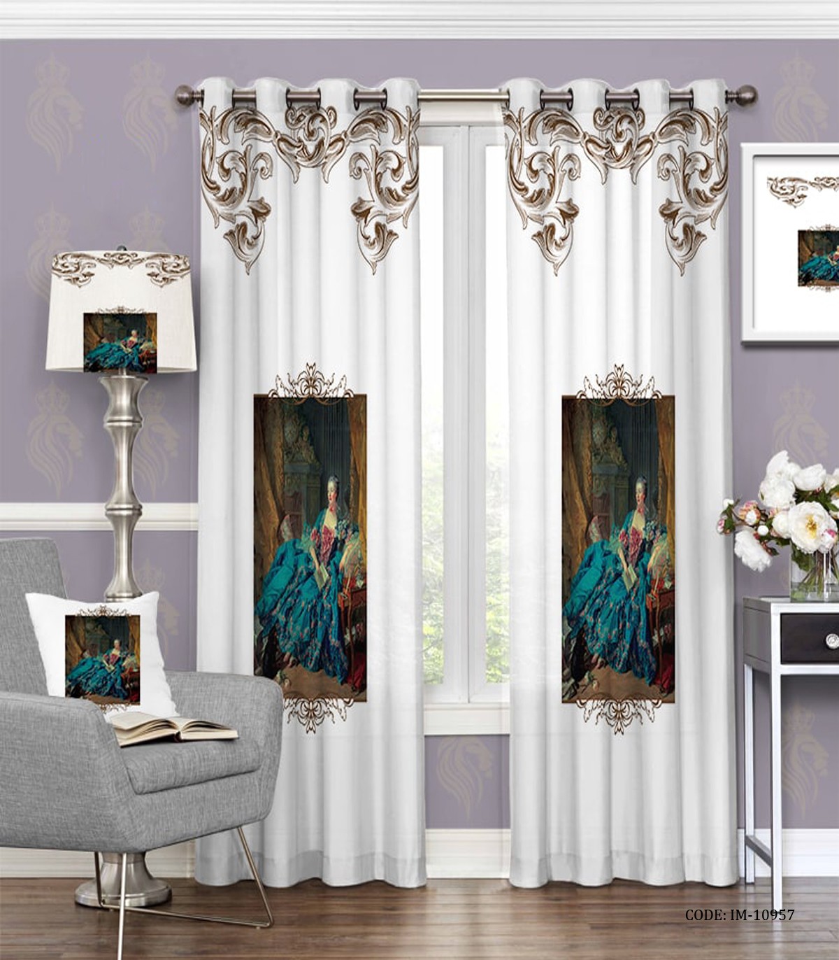 پرده پانچی زمینه سفید طرح کلاسیک با نقش زن مدل آنت