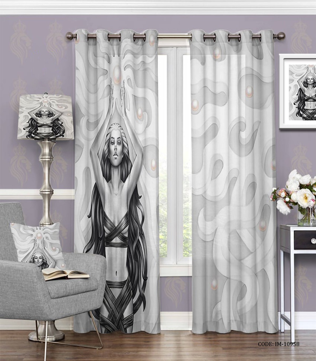 پرده پانچی طوسی با طرح زن مدل هلن