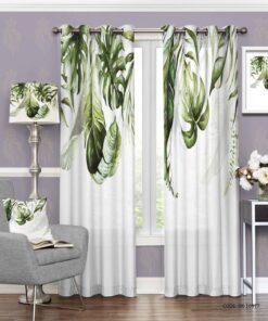 پرده پانچی سفید سبز با طرح برگ انجیری مدل آیلا