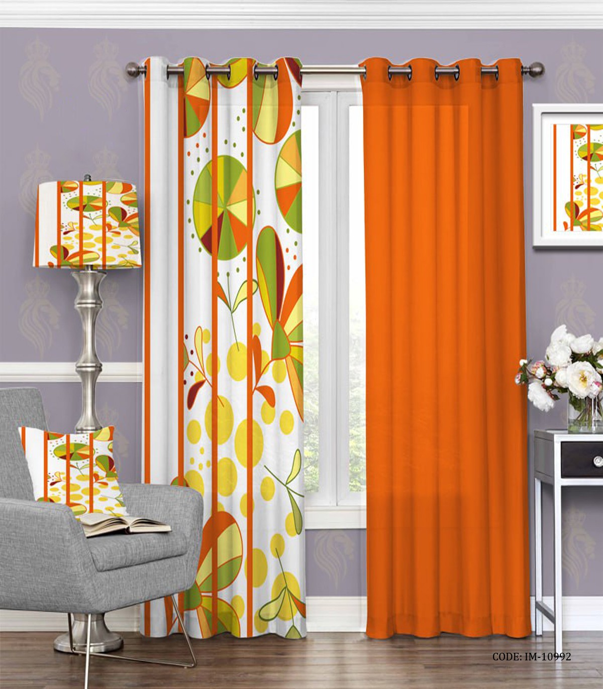 پرده پانچی سفید نارنجی با طرح فانتزی مدل گندم