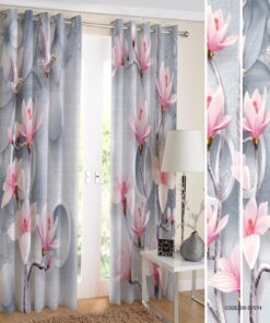 پرده پانچی طوسی آبی طرح گل مدل زنبق