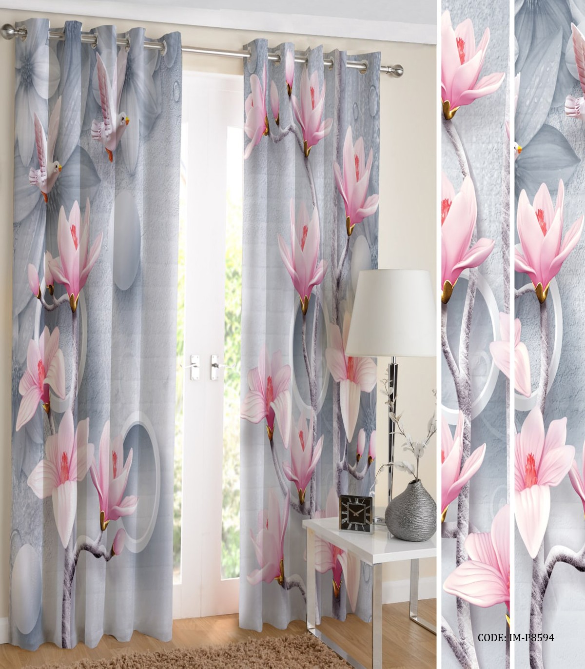 پرده پانچی طوسی آبی طرح گل مدل زنبق