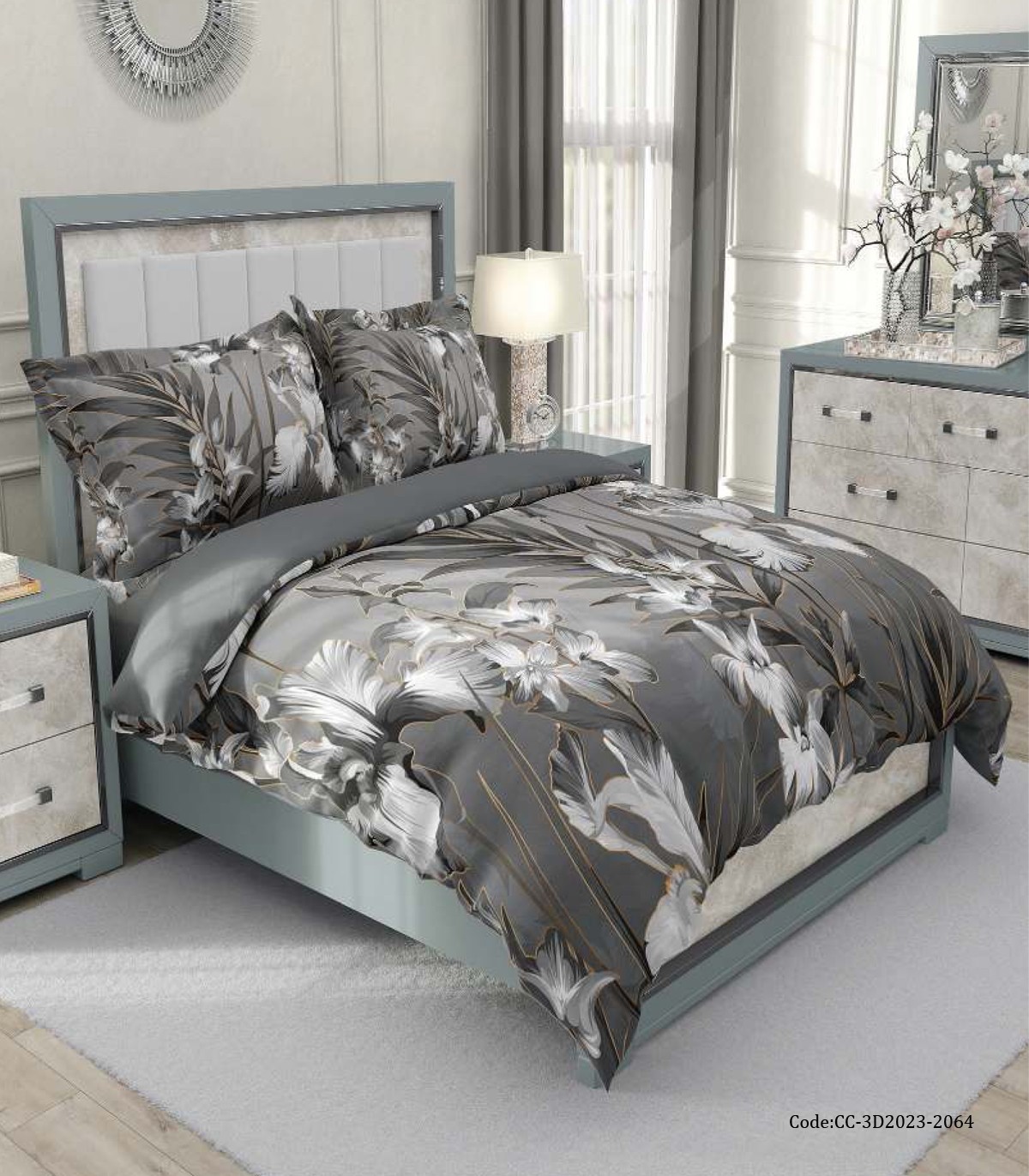 سرویس روتختی دو نفره طوسی طرح گل مدل کردیا