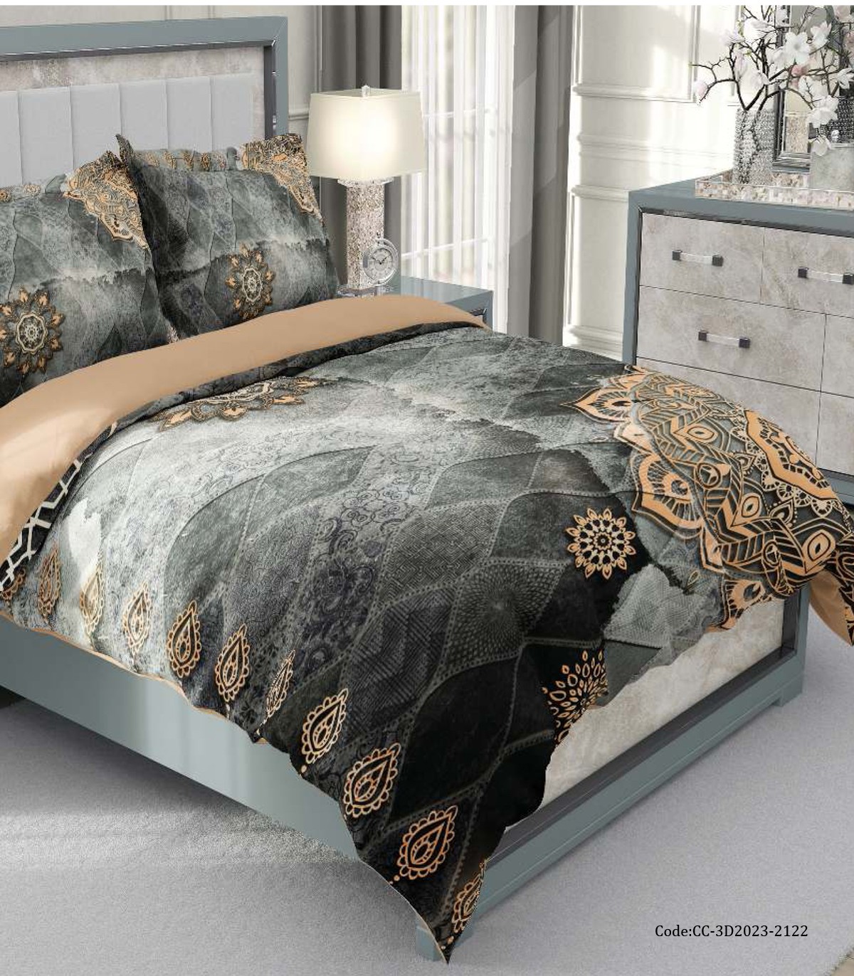 روتختی و لحاف دوختدار طوسی  دو نفره طرح ترنج مدل آروا