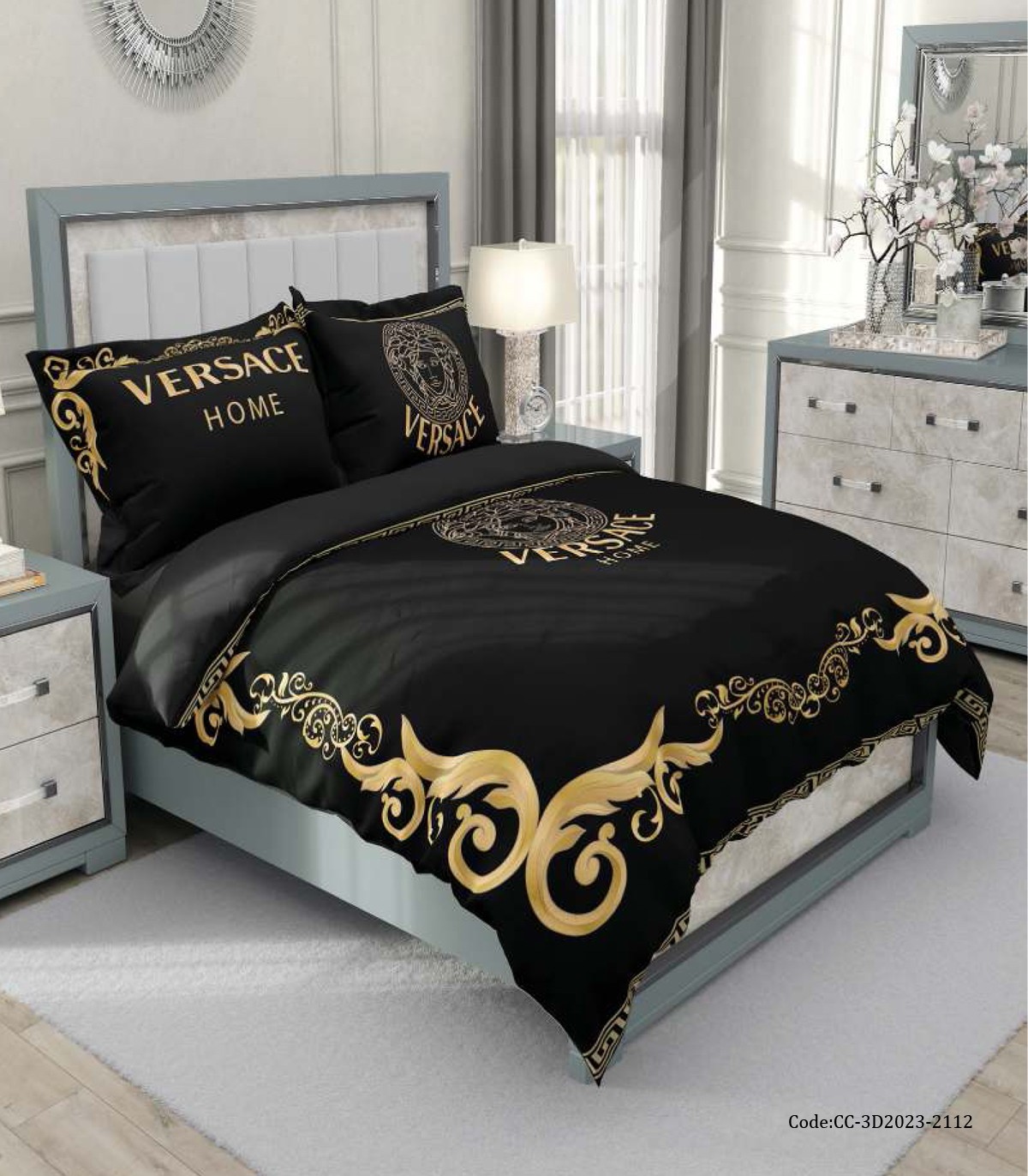 روتختی  دو نفره مشکی طلایی طرح VERSACE Home