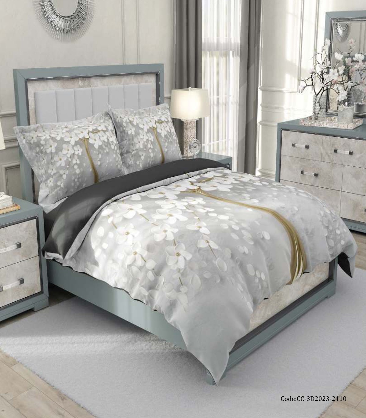 ست روتختی دو نفره طوسی طرح درخت رویاها