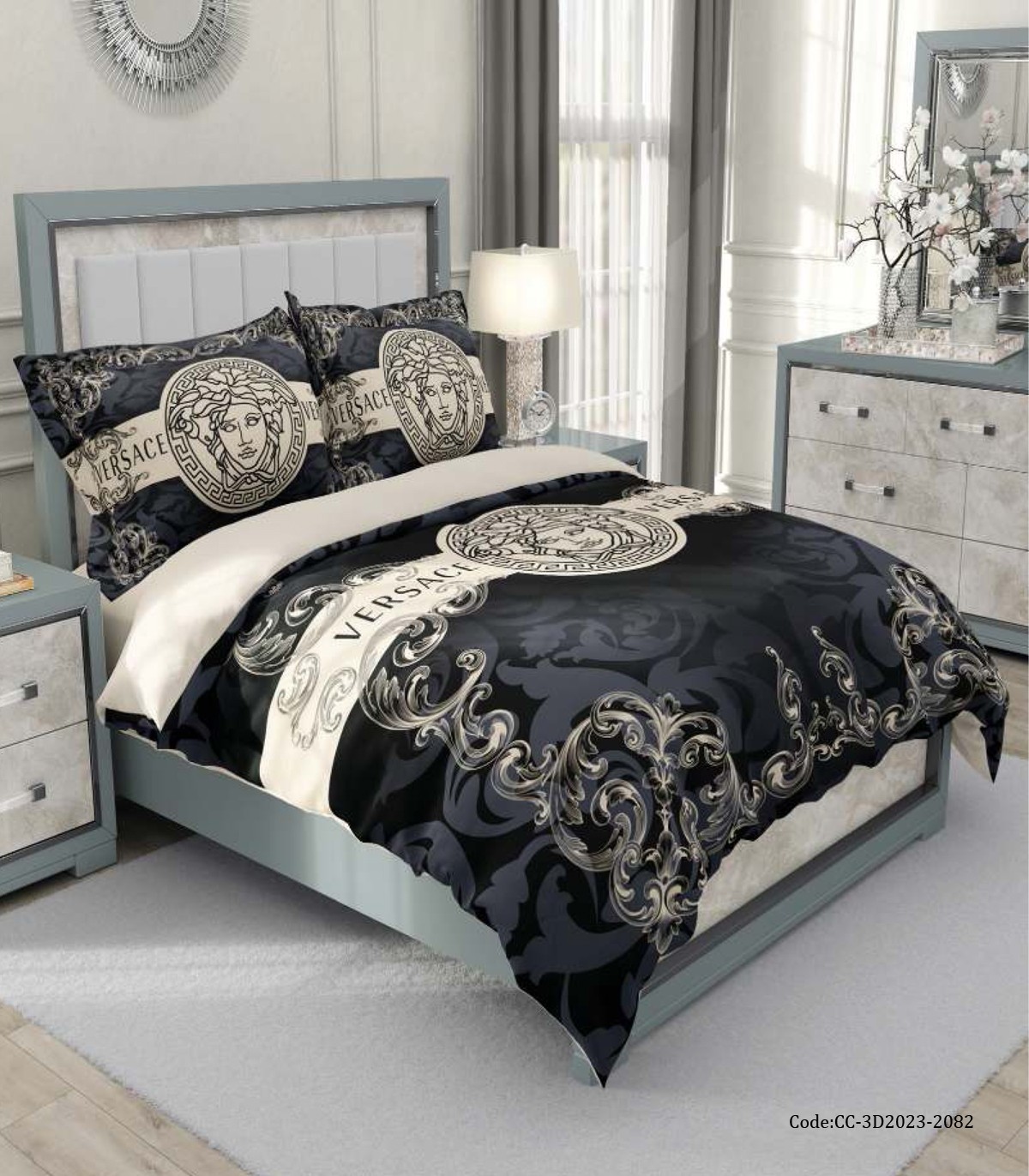 روتختی دو نفره شیک کرم مشکی طرح ورساچه