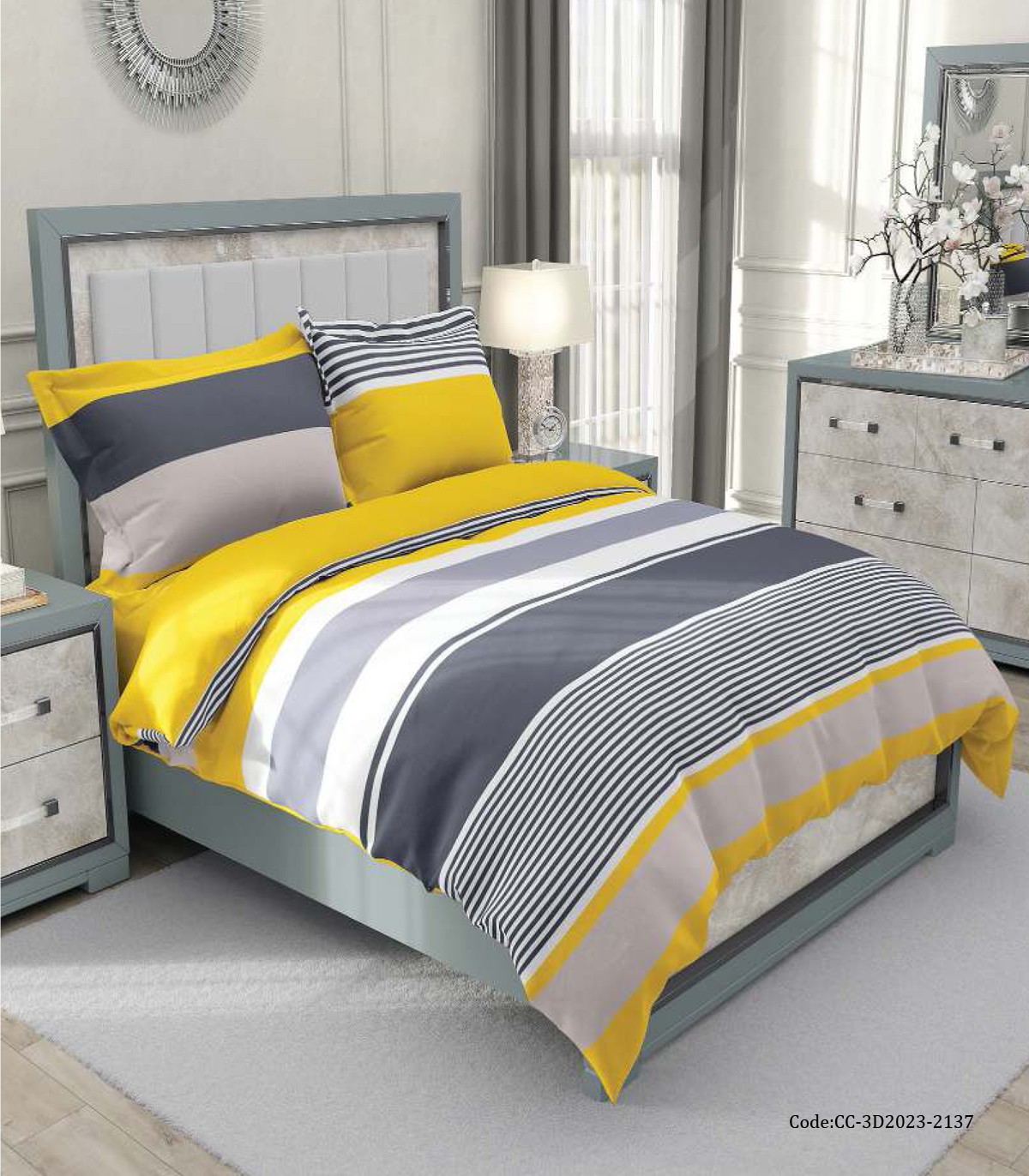 ست روتختی دونفره راه راه اسپرت طوسی زرد مدل تابش