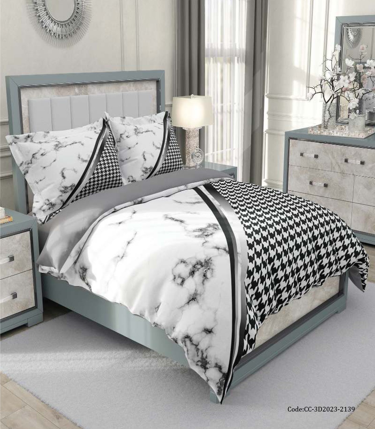 ست لحاف روتختی  دو نفره سفید مشکی مدل همگام