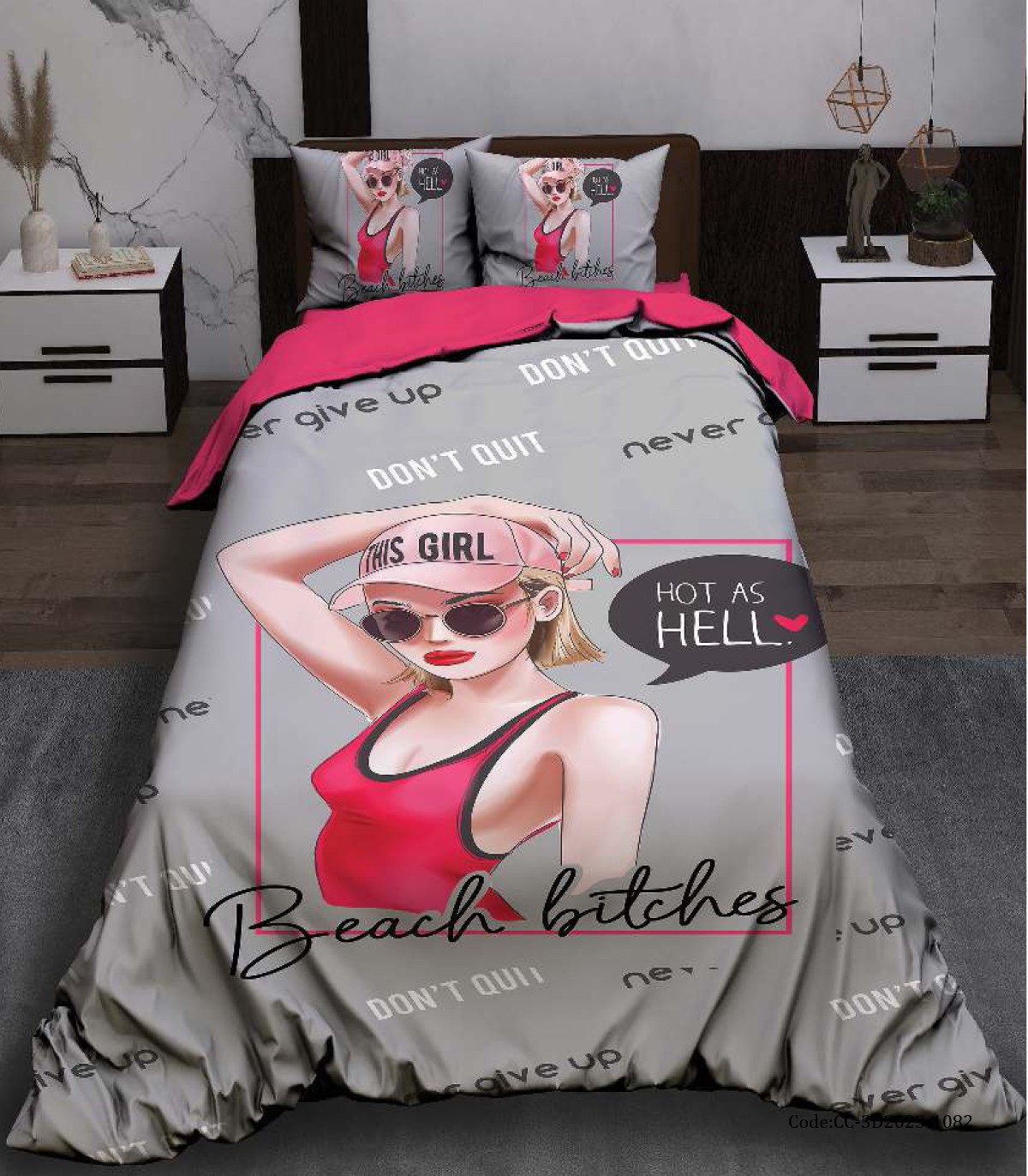 سرویس روتختی  دخترانه طوسی صورتی طرح دختر مدل Hot as Hell