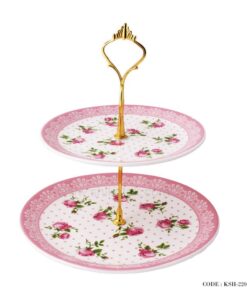 شیرینی خوری سرامیکی دو طبقه گلدار مدل فلورا