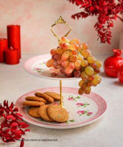 شیرینی خوری سرامیکی دو طبقه گلدار مدل فلورا