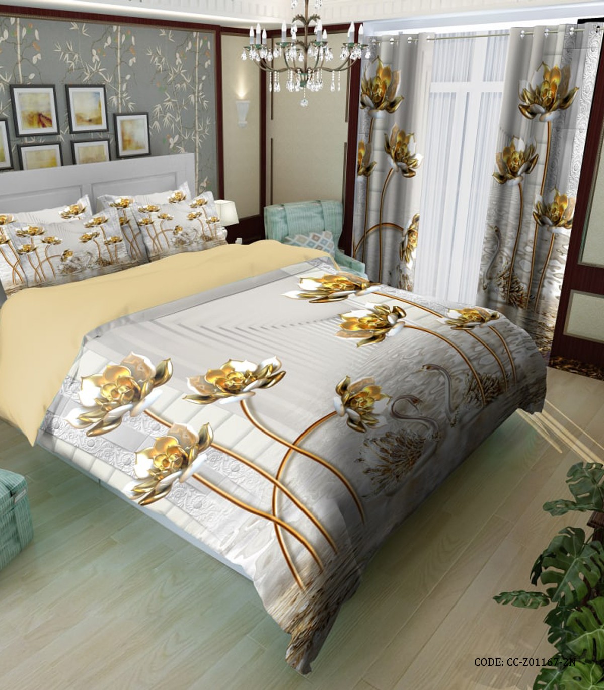 سرویس  روتختی گلدار طرح گل طلایی مدل شارون