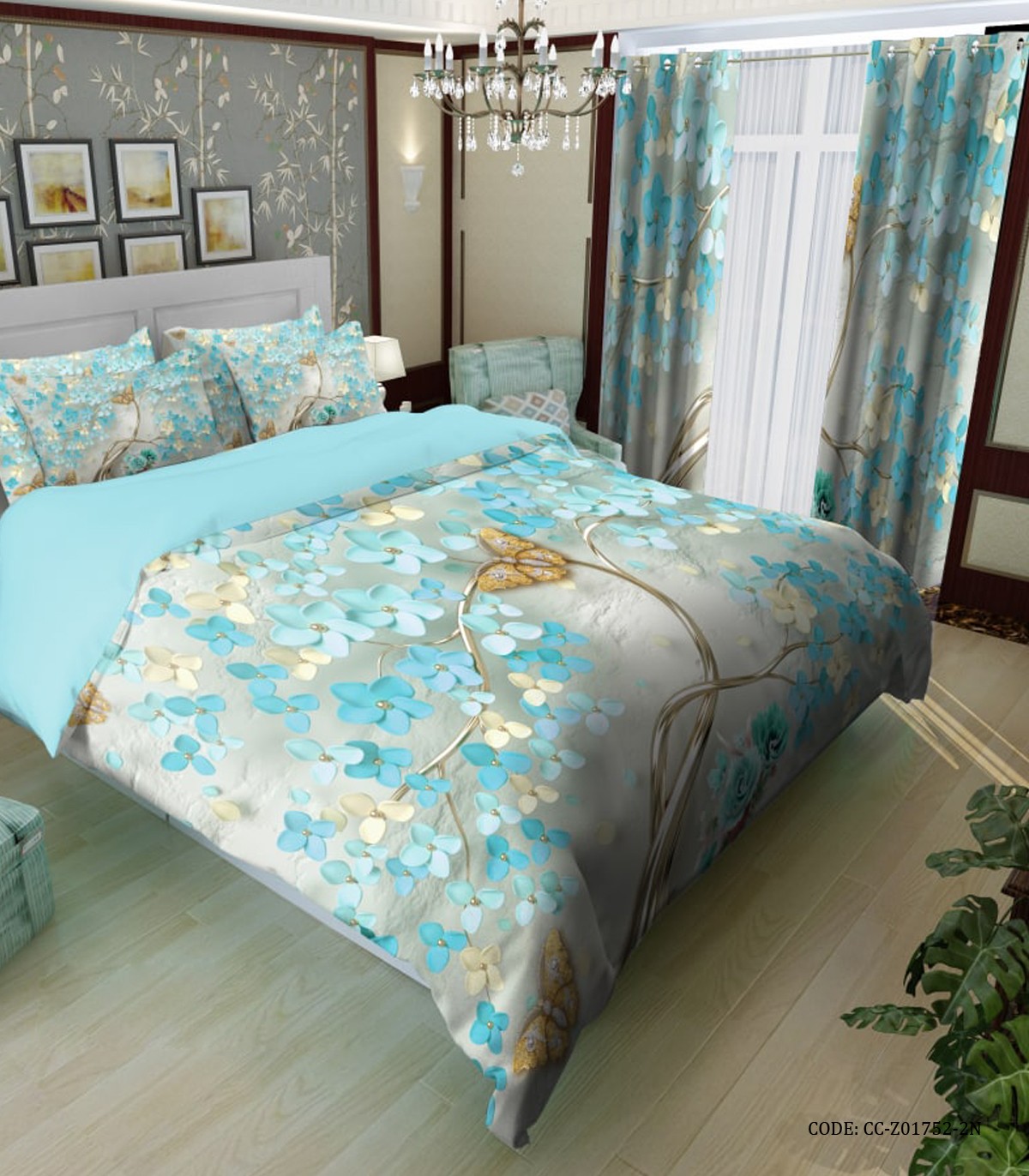 روتختی آبی طلایی  طرح گلدار مدل Flowery