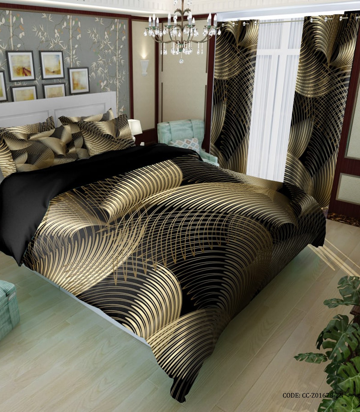 سرویس روتختی و لحاف دوختدار مشکی طلایی مدل الین