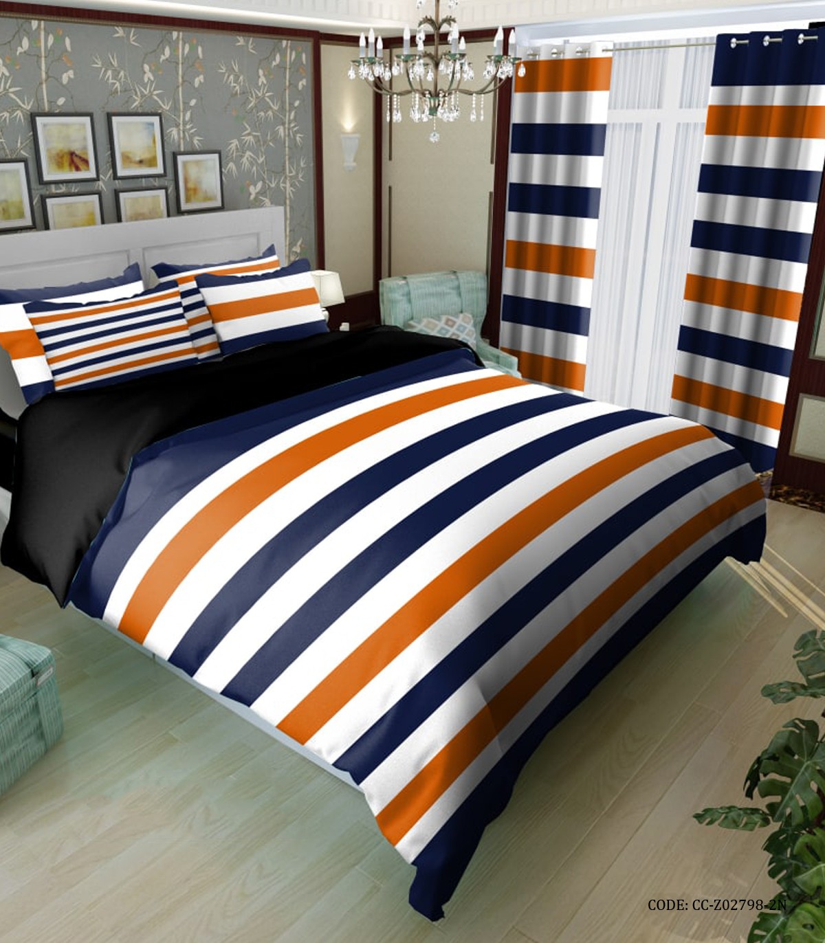 ست روتختی  اسپرت راه راه سورمه ای نارنجی مدل آراگو