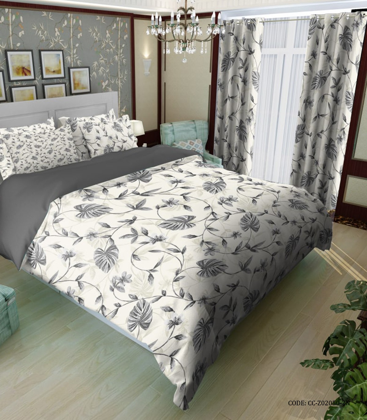 ست لحاف روتختی دو نفره طرح برگ و شاخه مدل آلان