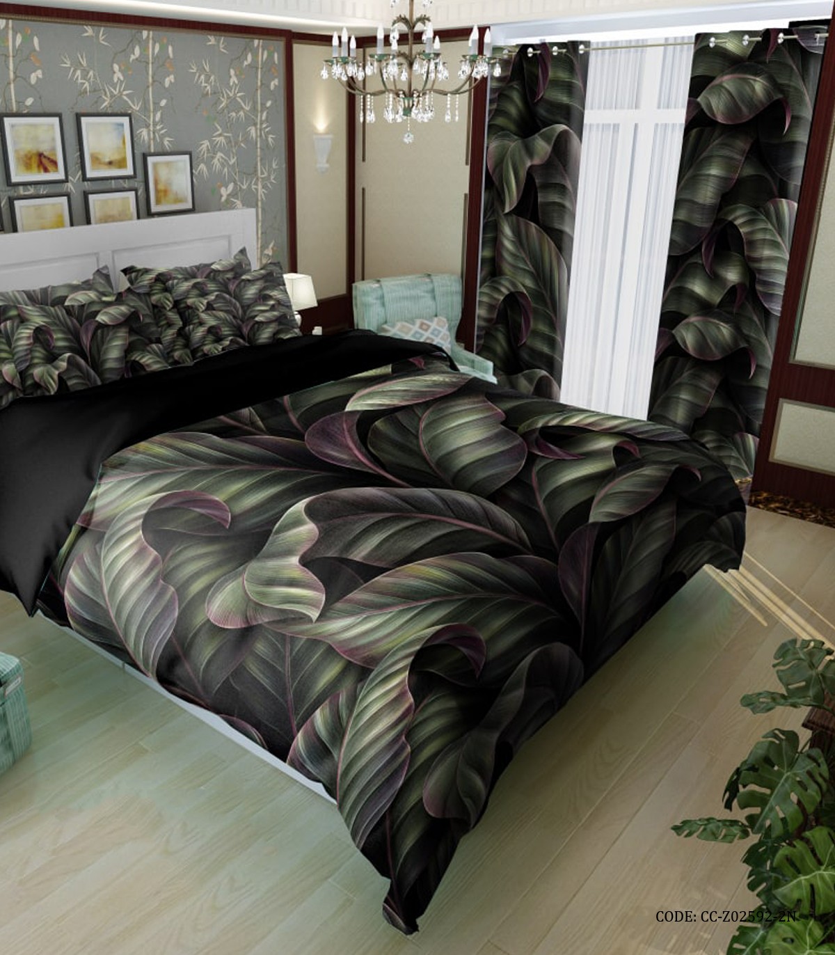 سرویس روتختی دونفره سبز مشکی طرح برگ های ابایی