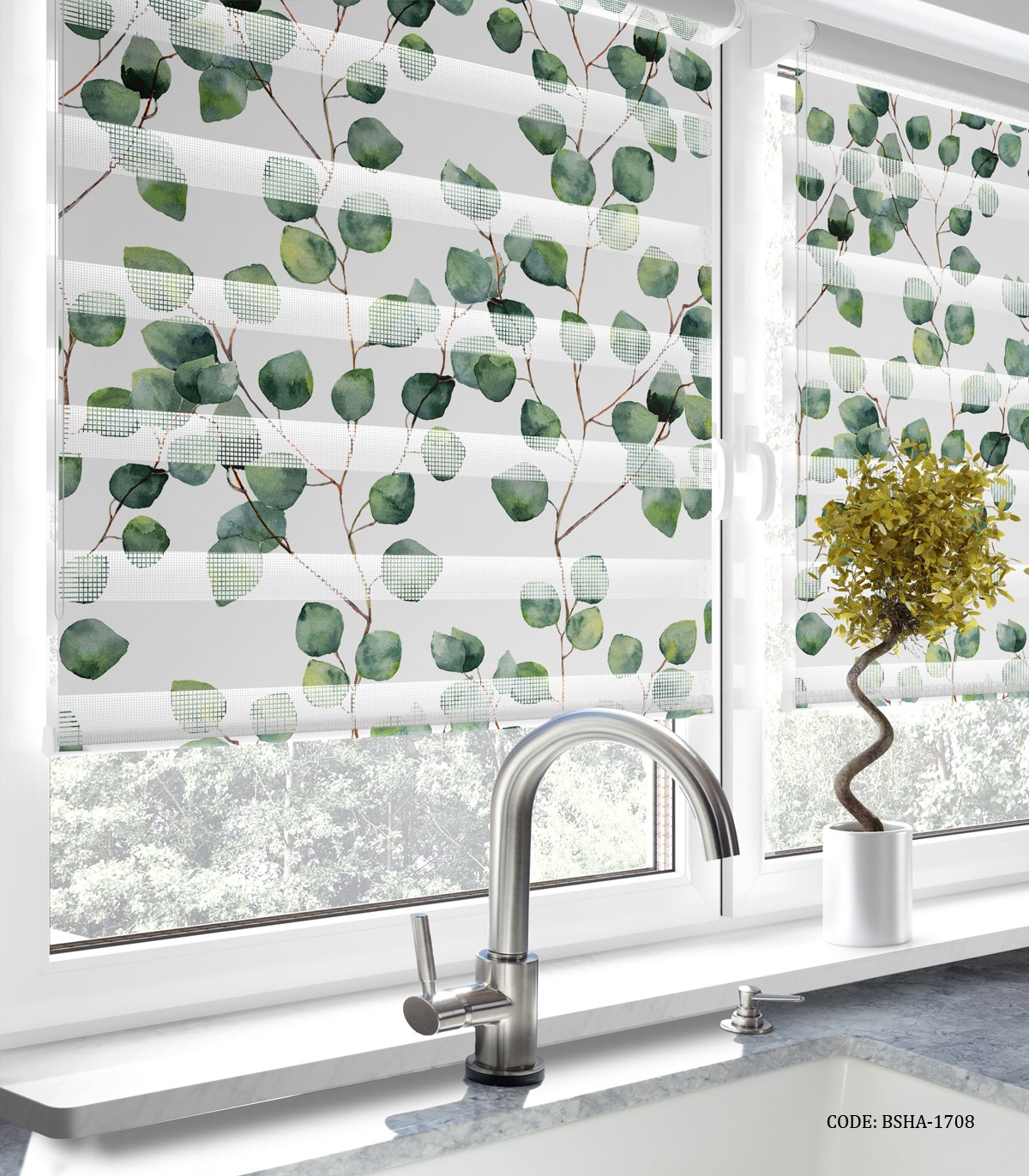 پرده زبرا آشپزخانه طرح شاخه های بهاری سبز