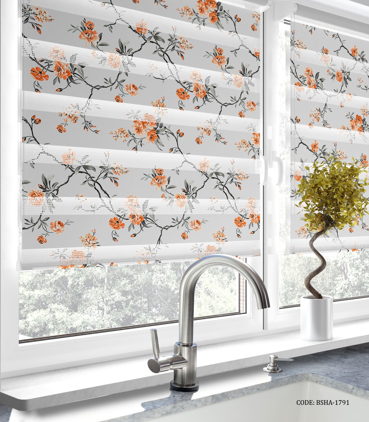 پرده زبرا آشپزخانه طرح رز رونده نارنجی