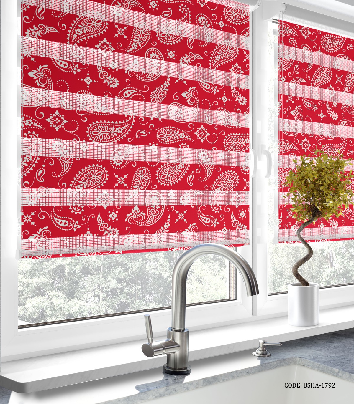 پرده زبرا آشپزخانه طرح ترنج زمینه قرمز