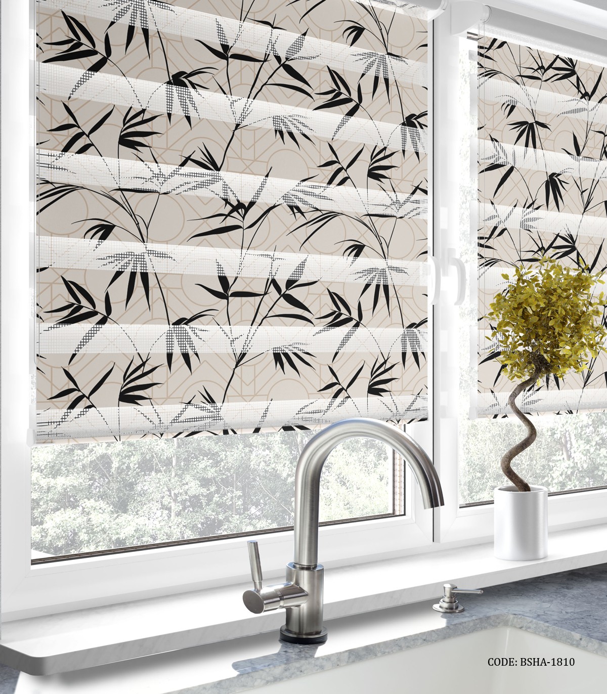 پرده زبرا آشپزخانه سفید مشکی طرح بامبو