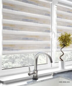 پرده زبرا آشپزخانه طرح پتینه آبی طلایی زمینه طوسی